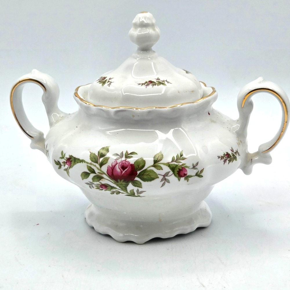 JOHANN HAVILAND Bavaria Germany Vintage Moss Rose SUGAR BOWL WITH LID Gold Trim
